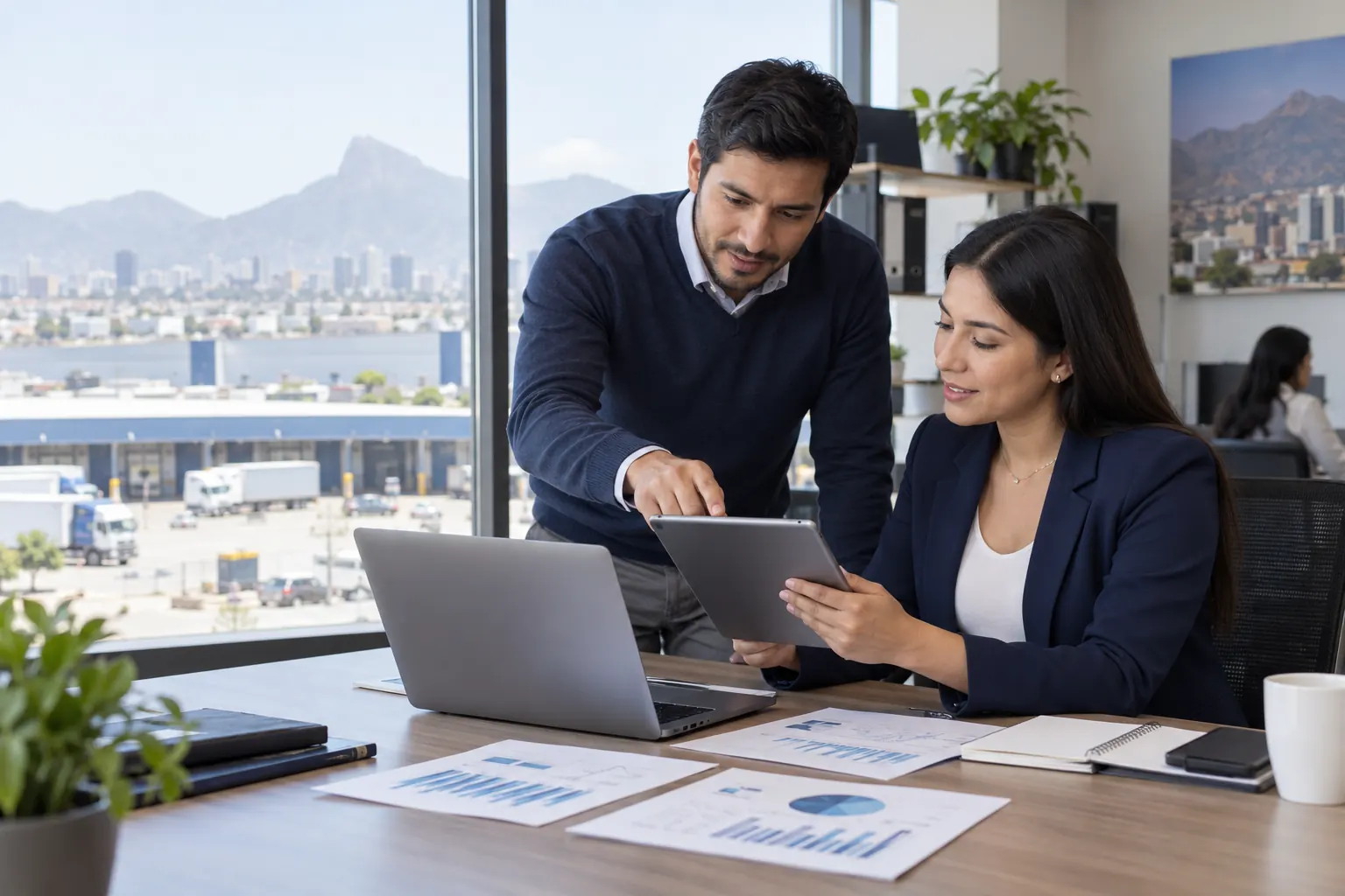 Equipo comercial y de operaciones coordinando su trabajo con una tablet en la oficina